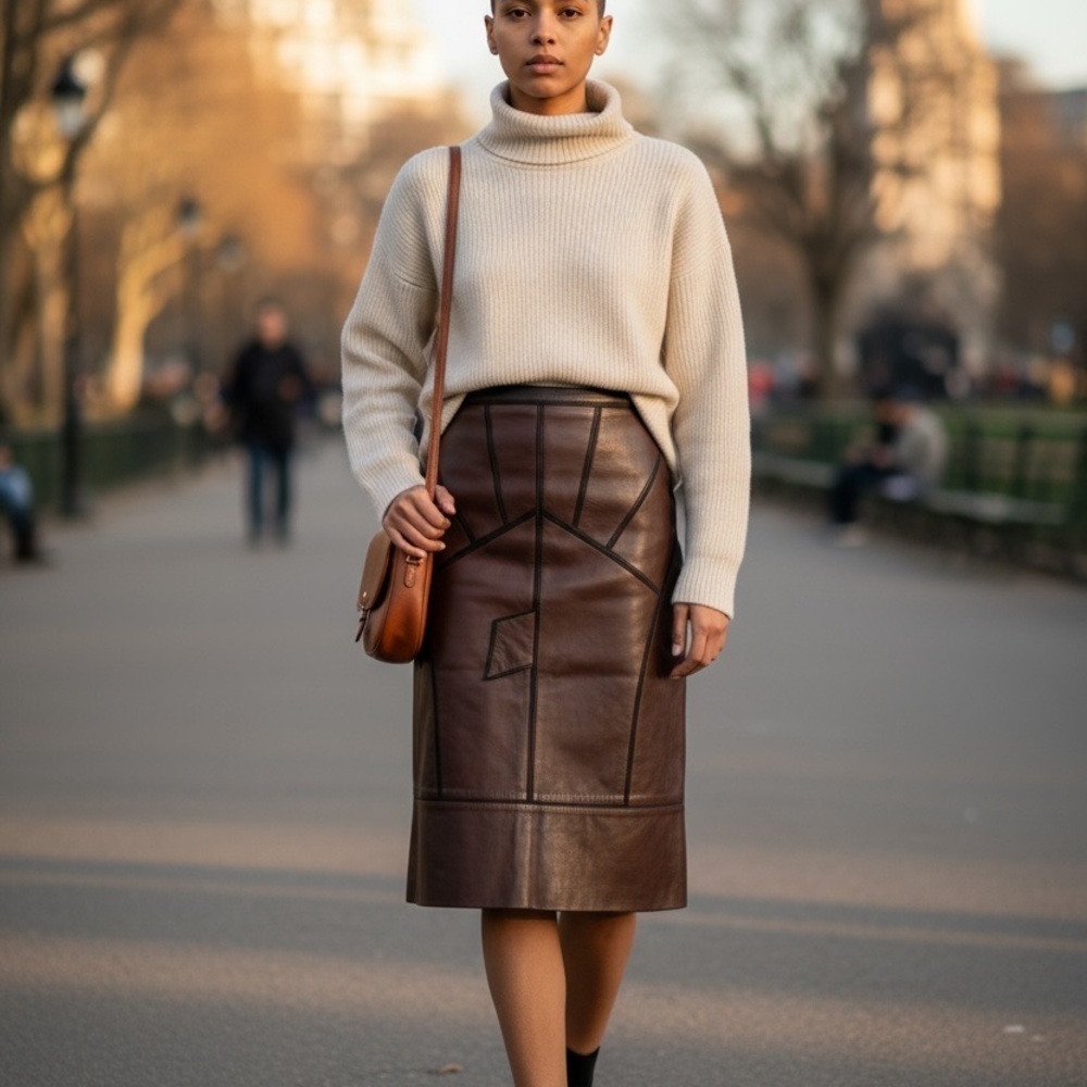 J. Mendel Brown Leather Midi Skirt